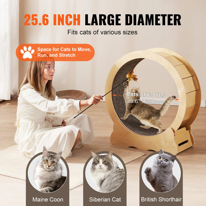 SucceBuy Cat Exercise Wheel Natural Wood Silent Running Toy Treadmill Roller Wheel with Detachable Carpet for Most Cats Fitness