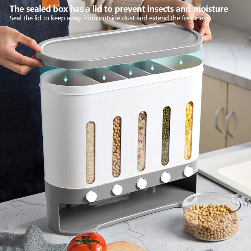 Rice Cereal Dispenser Wall Mounted 5 Grid Grain Dry Food Storage Container 9kg Kitchen Storage Dispenser