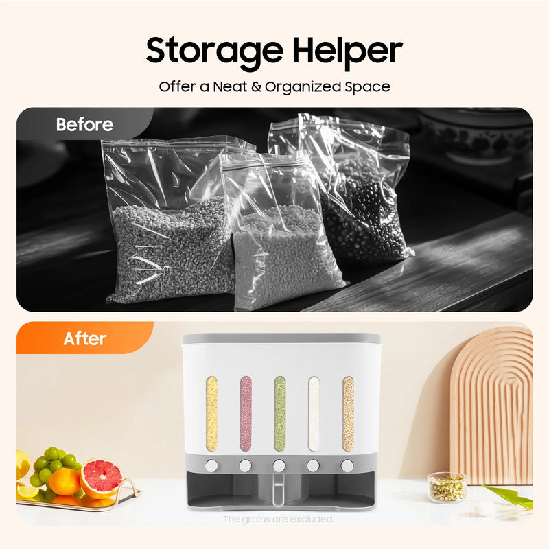 Rice Cereal Dispenser Wall Mounted 5 Grid Grain Dry Food Storage Container 9kg Kitchen Storage Dispenser