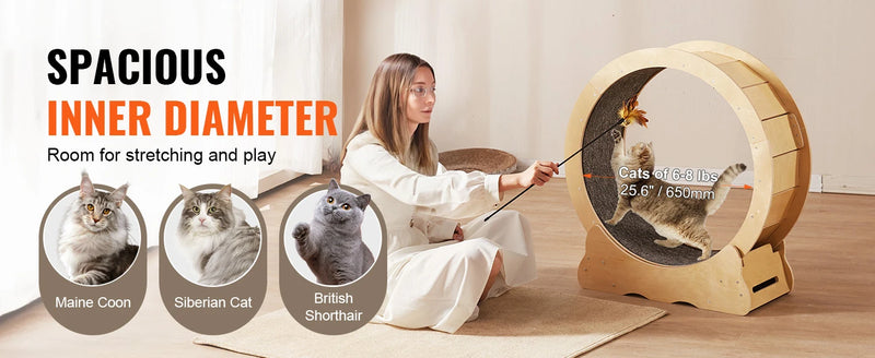 SucceBuy Cat Exercise Wheel Natural Wood Silent Running Toy Treadmill Roller Wheel with Detachable Carpet for Most Cats Fitness