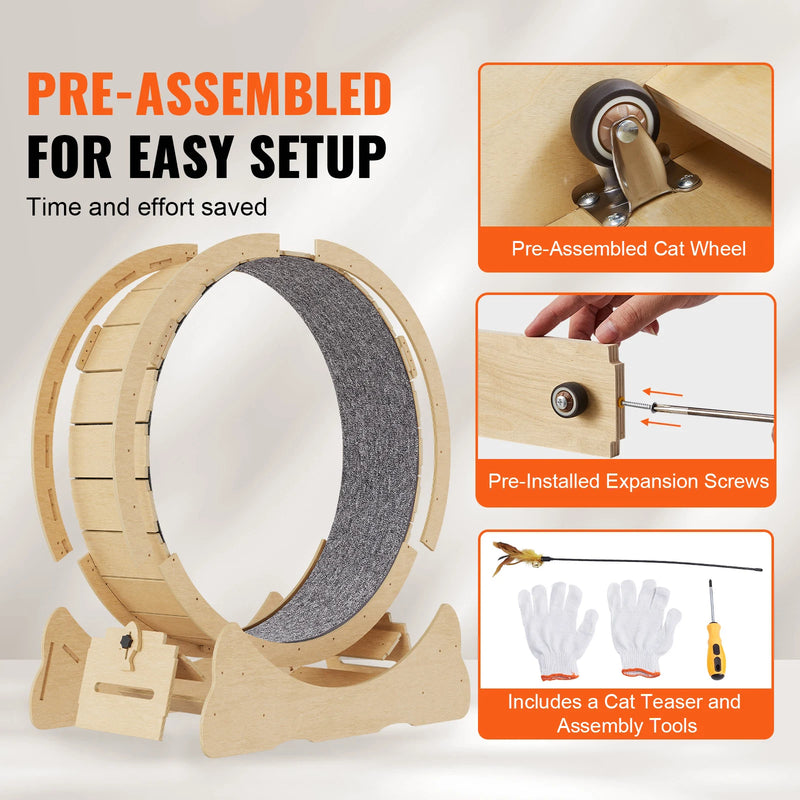 SucceBuy Cat Exercise Wheel Natural Wood Silent Running Toy Treadmill Roller Wheel with Detachable Carpet for Most Cats Fitness