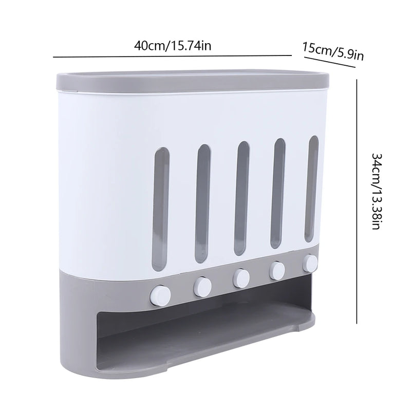 Rice Cereal Dispenser Wall Mounted 5 Grid Grain Dry Food Storage Container 9kg Kitchen Storage Dispenser