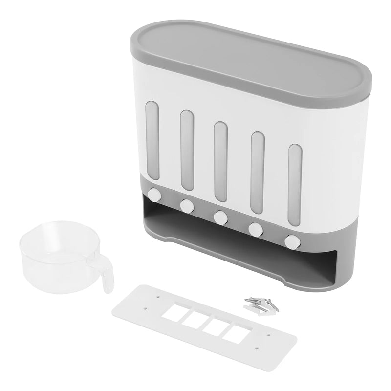 Rice Cereal Dispenser Wall Mounted 5 Grid Grain Dry Food Storage Container 9kg Kitchen Storage Dispenser