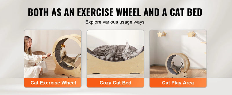 SucceBuy Cat Exercise Wheel Natural Wood Silent Running Toy Treadmill Roller Wheel with Detachable Carpet for Most Cats Fitness