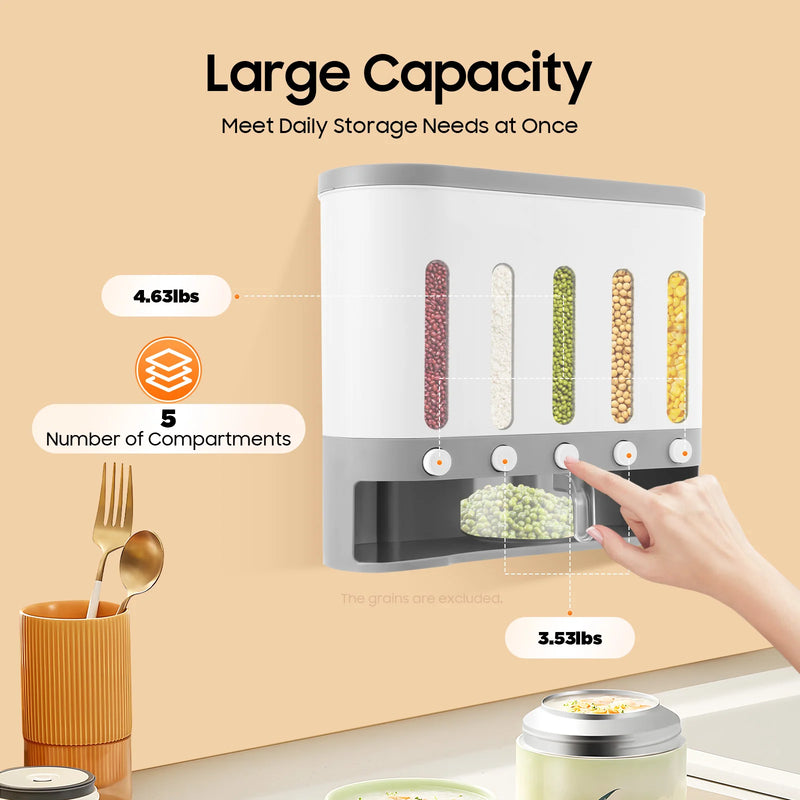 Rice Cereal Dispenser Wall Mounted 5 Grid Grain Dry Food Storage Container 9kg Kitchen Storage Dispenser