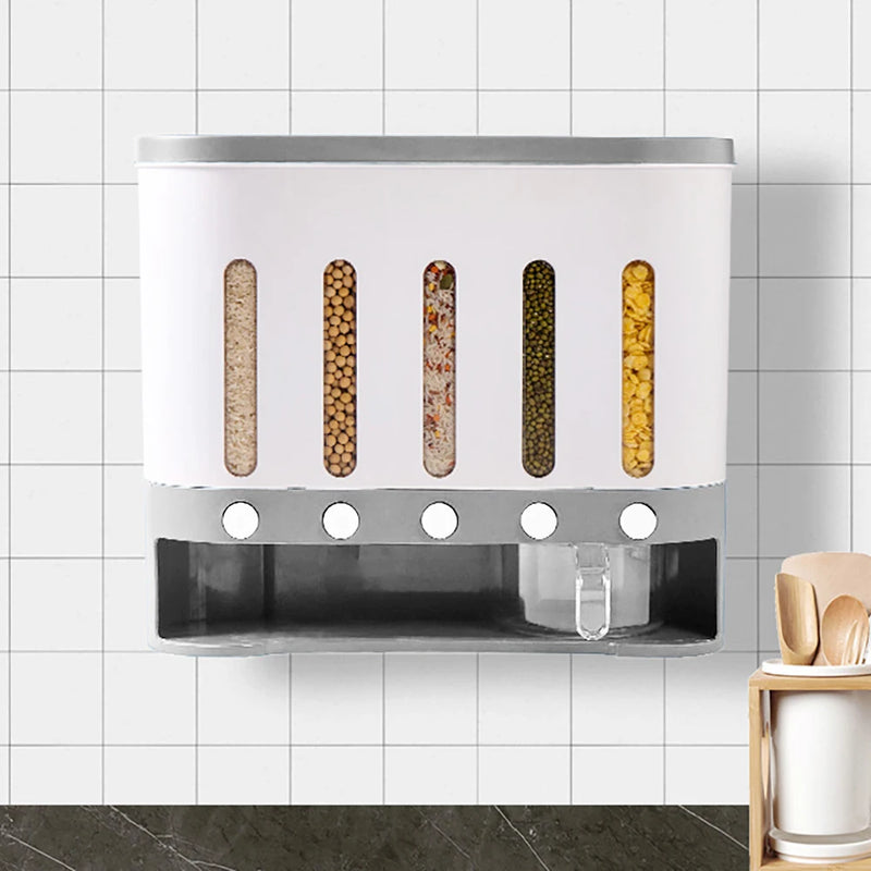 Rice Cereal Dispenser Wall Mounted 5 Grid Grain Dry Food Storage Container 9kg Kitchen Storage Dispenser