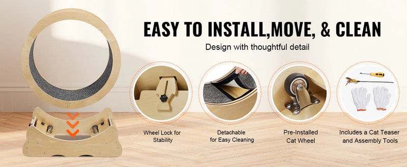 SucceBuy Cat Exercise Wheel Natural Wood Silent Running Toy Treadmill Roller Wheel with Detachable Carpet for Most Cats Fitness