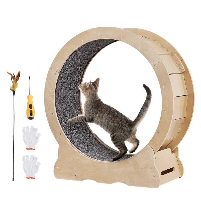 SucceBuy Cat Exercise Wheel Natural Wood Silent Running Toy Treadmill Roller Wheel with Detachable Carpet for Most Cats Fitness