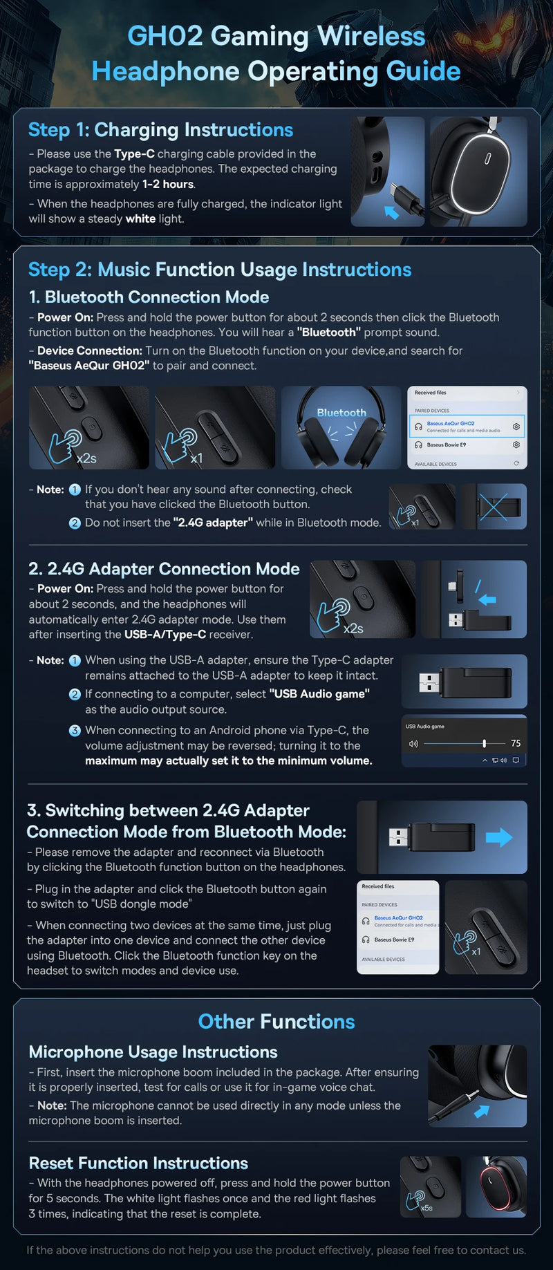 Baseus GH02 Wireless Gaming Headphones - RGB & Bluetooth 5.3