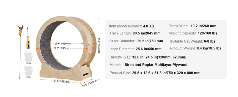 SucceBuy Cat Exercise Wheel Natural Wood Silent Running Toy Treadmill Roller Wheel with Detachable Carpet for Most Cats Fitness