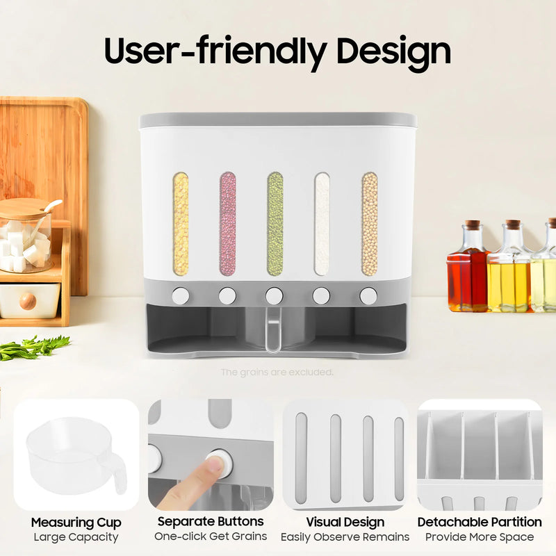Rice Cereal Dispenser Wall Mounted 5 Grid Grain Dry Food Storage Container 9kg Kitchen Storage Dispenser